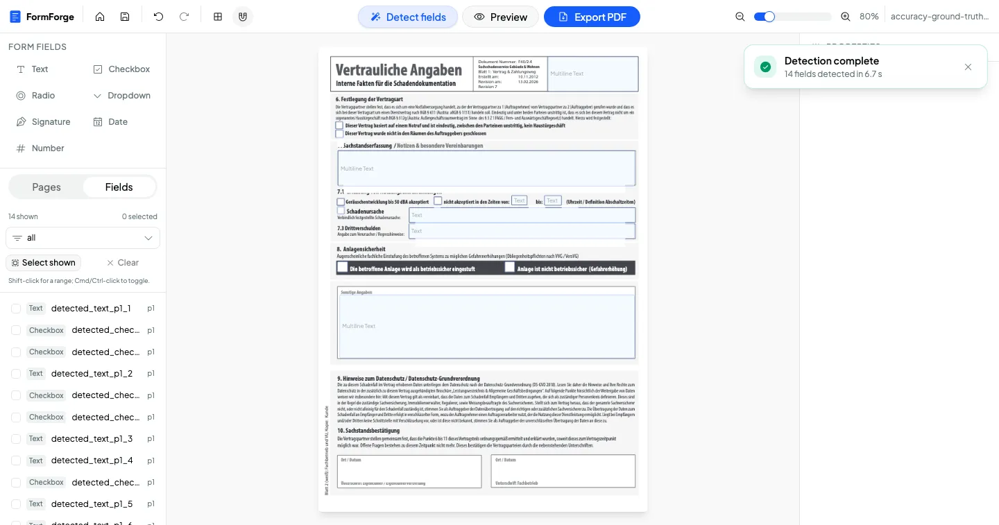 The FormForge editor after a detection run, showing a "Detection complete" notice and the generated field names listed in the sidebar