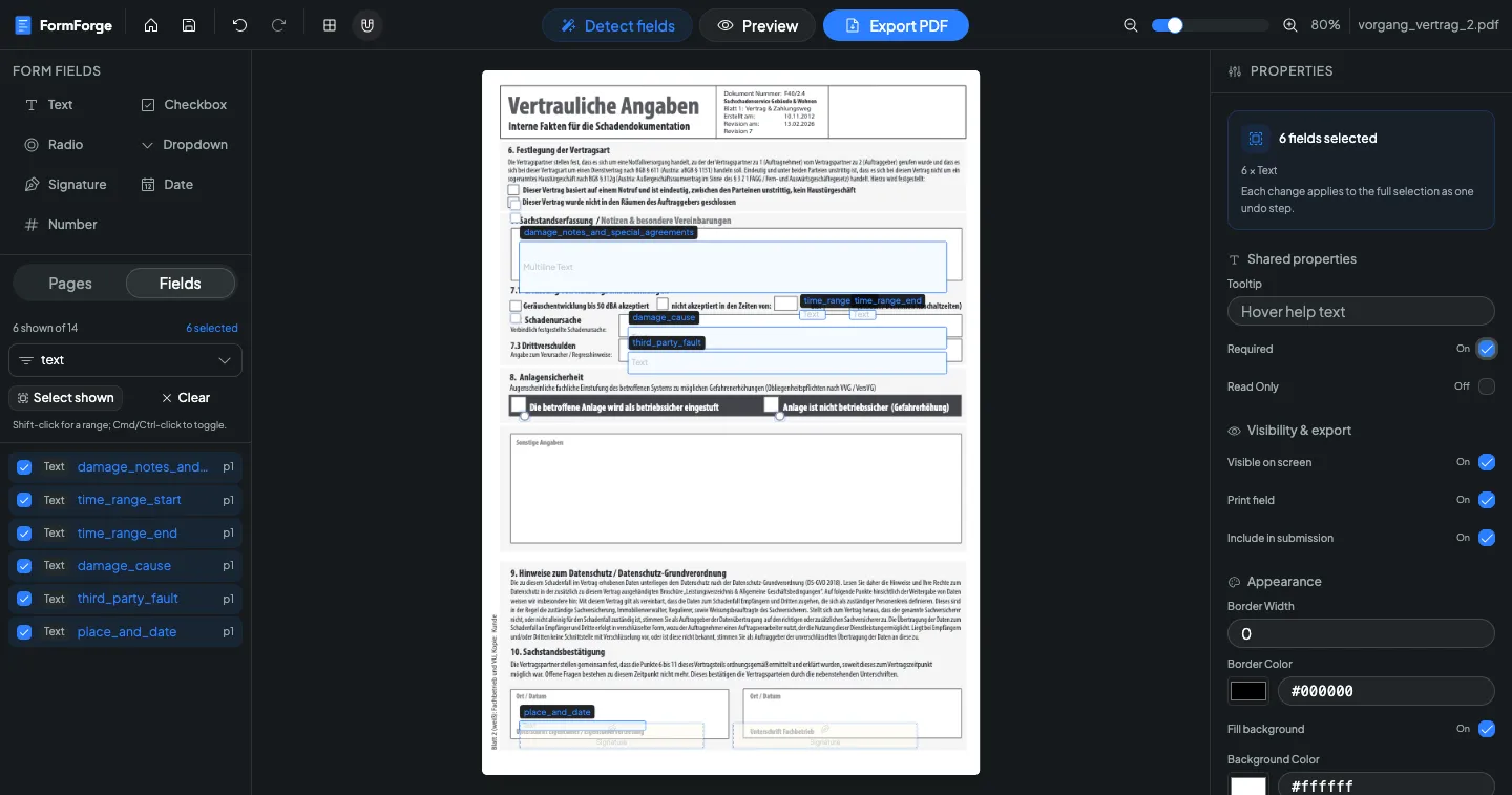The FormForge properties panel in batch mode, showing six fields selected, a type breakdown and the shared properties that apply to the whole selection