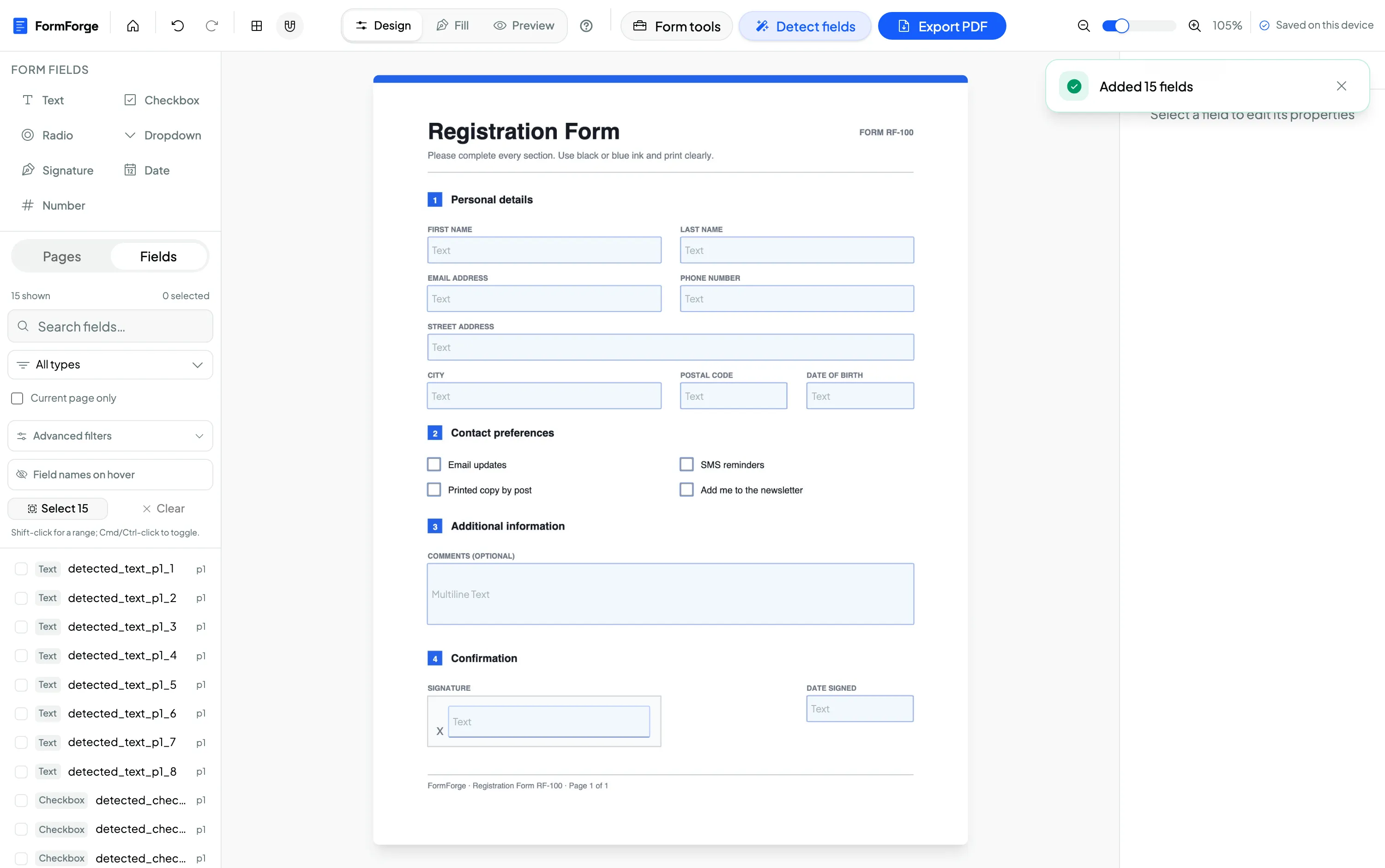 The FormForge editor after automatic field detection, with a Detection complete notification and a list of detected text and checkbox fields