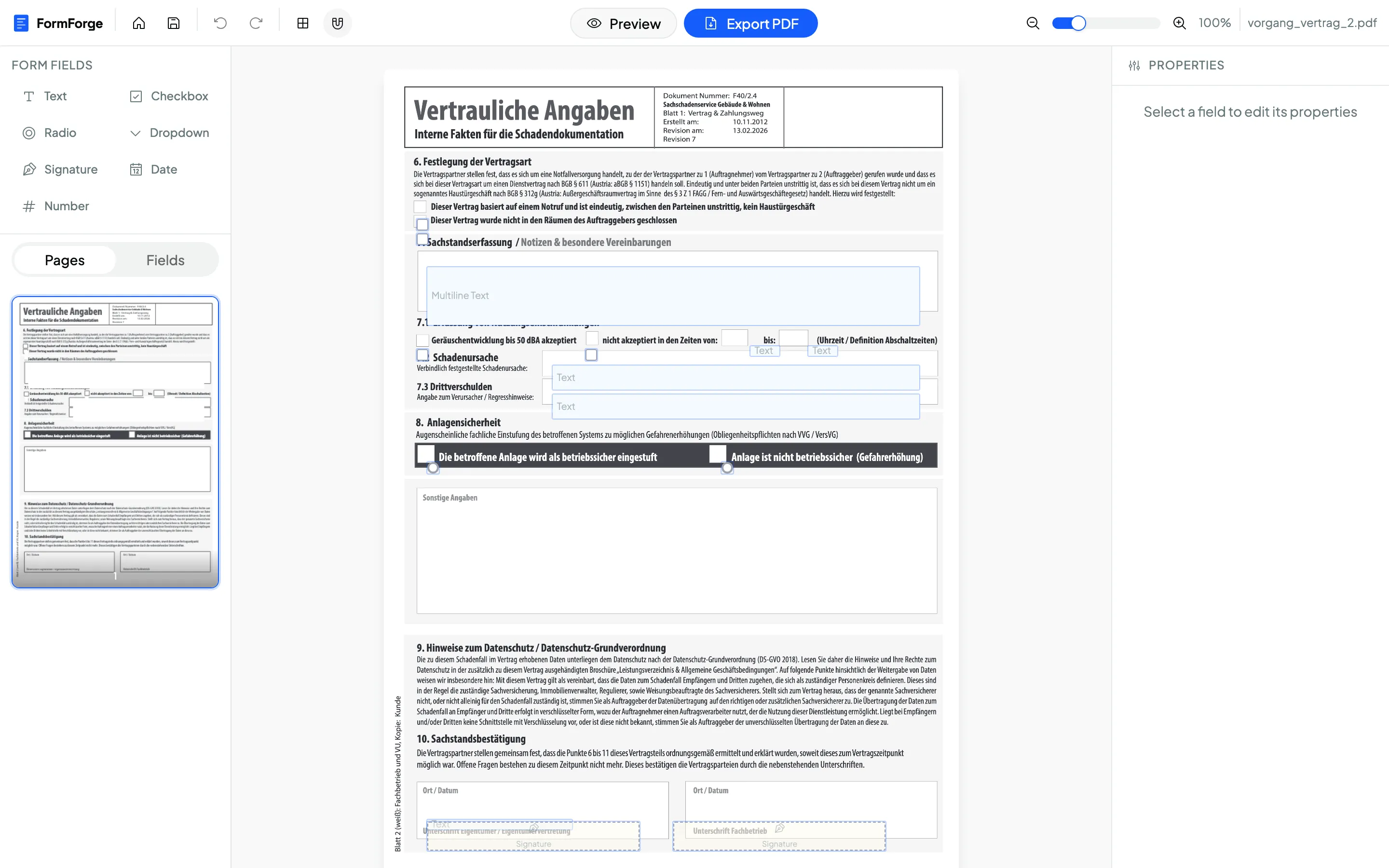 Exporting a fillable PDF form in FormForge, a free browser-based form creator