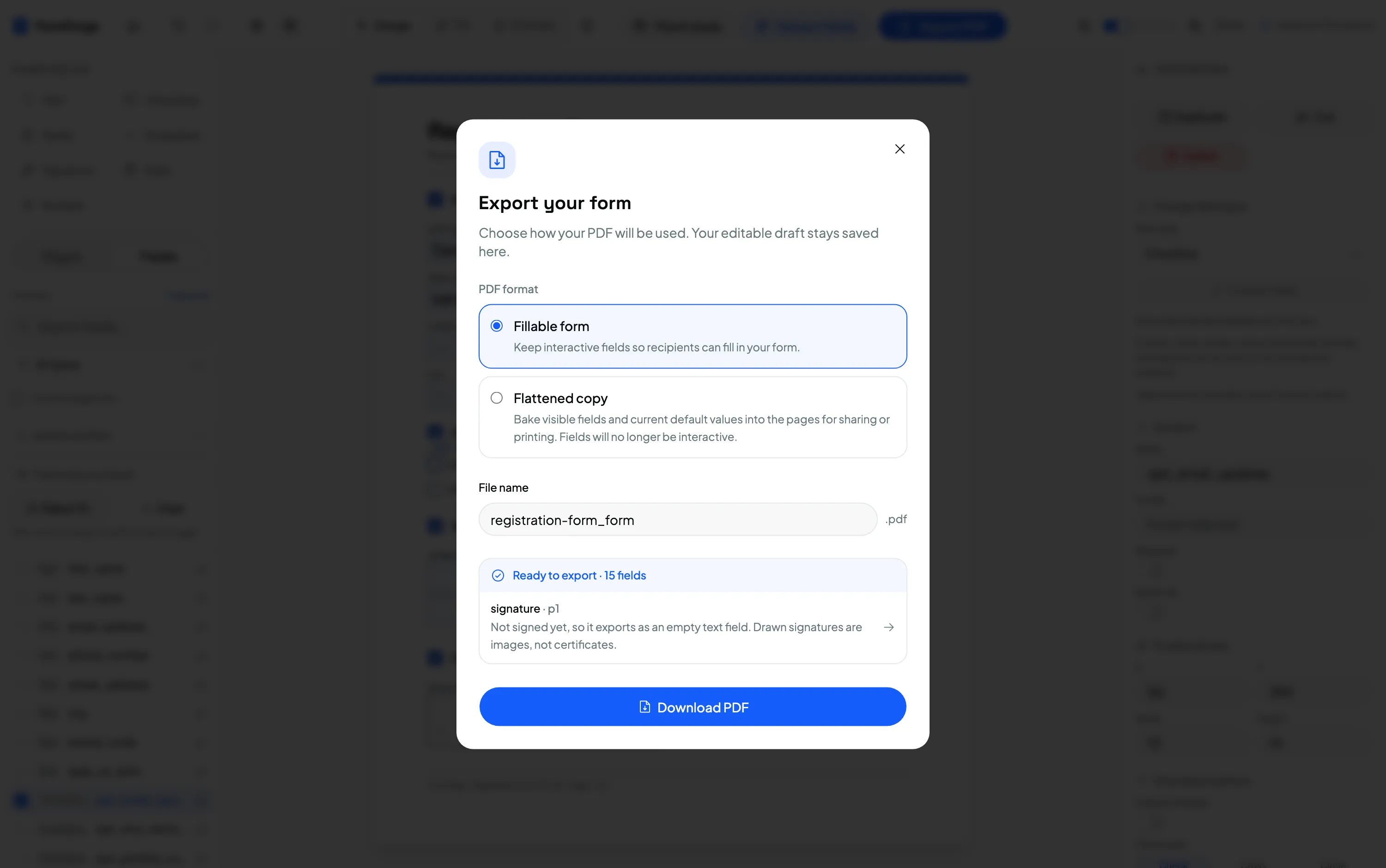 Exporting a fillable PDF form in FormForge, a free browser-based form creator