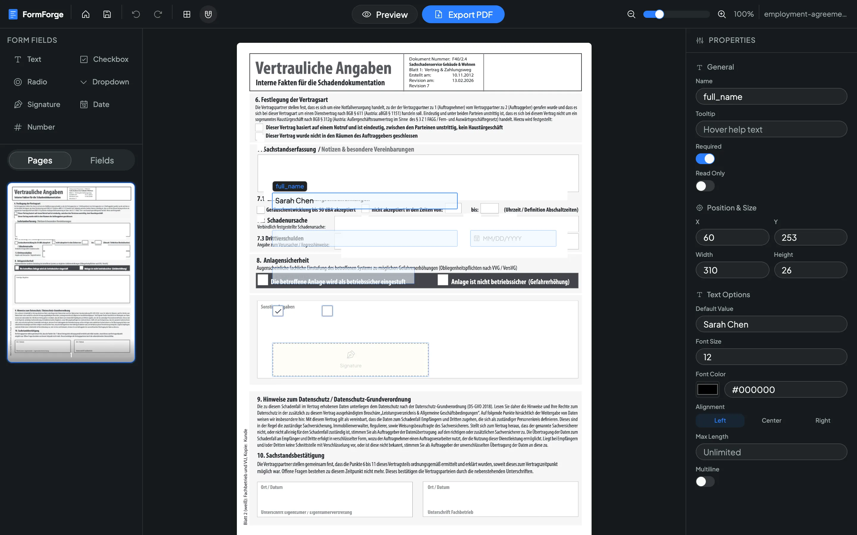 The FormForge editor toolbar with checkbox and other form field types on a PDF