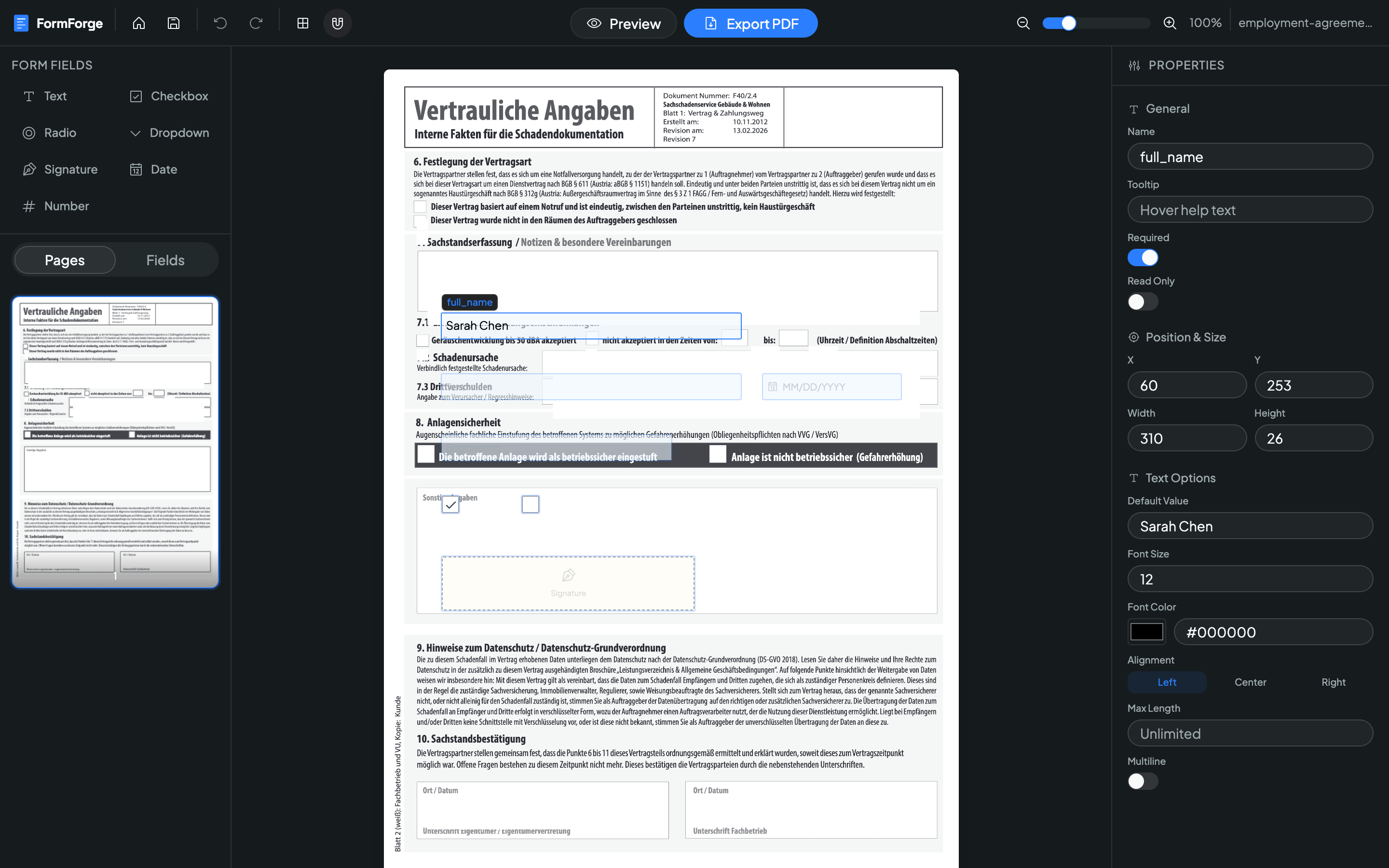 Visueller PDF-Formulareditor von FormForge — ausfüllbare Text-, Kontrollkästchen- und Signaturfelder werden auf einer PDF-Seite platziert, mit geöffnetem Eigenschaften-Panel