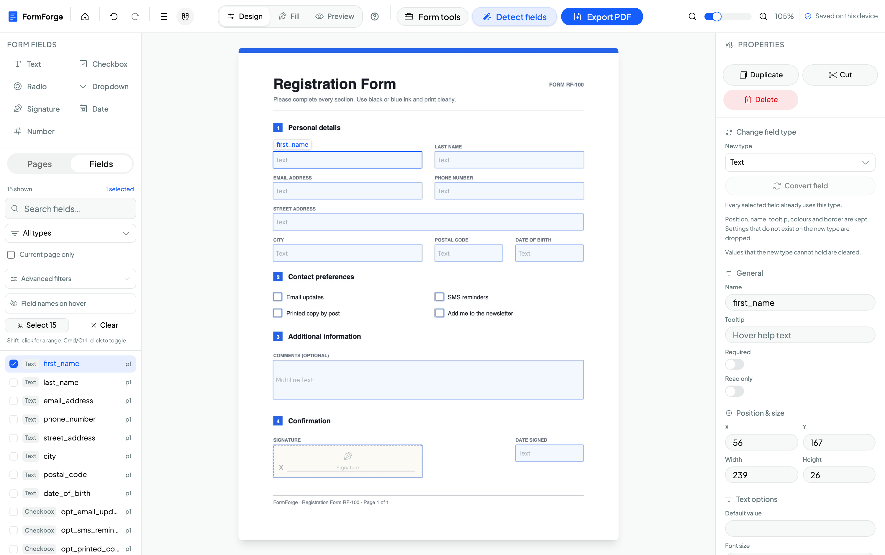 The FormForge PDF form editor showing a registration form with 15 automatically detected fields, the field list on the left and the properties panel on the right