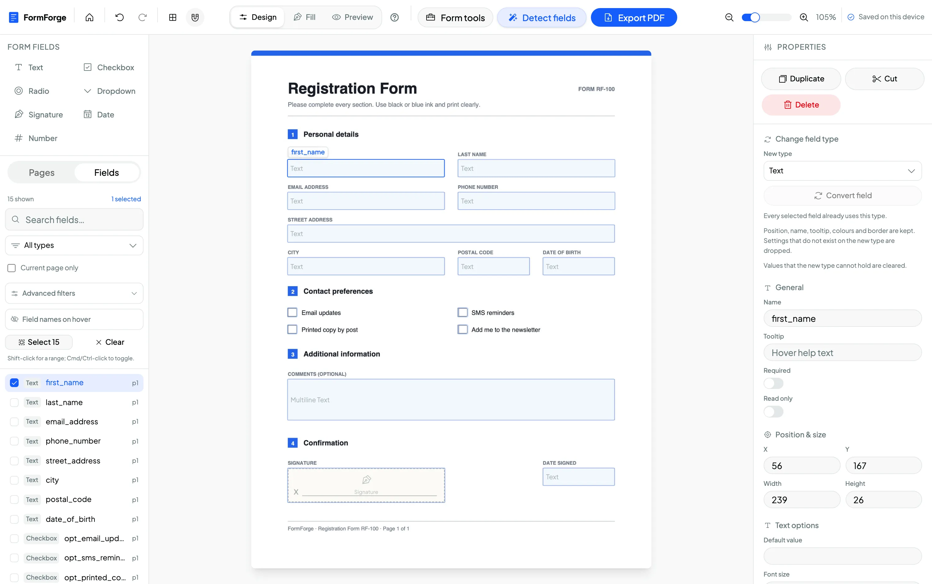 The FormForge editor toolbar with checkbox and other form field types on a PDF
