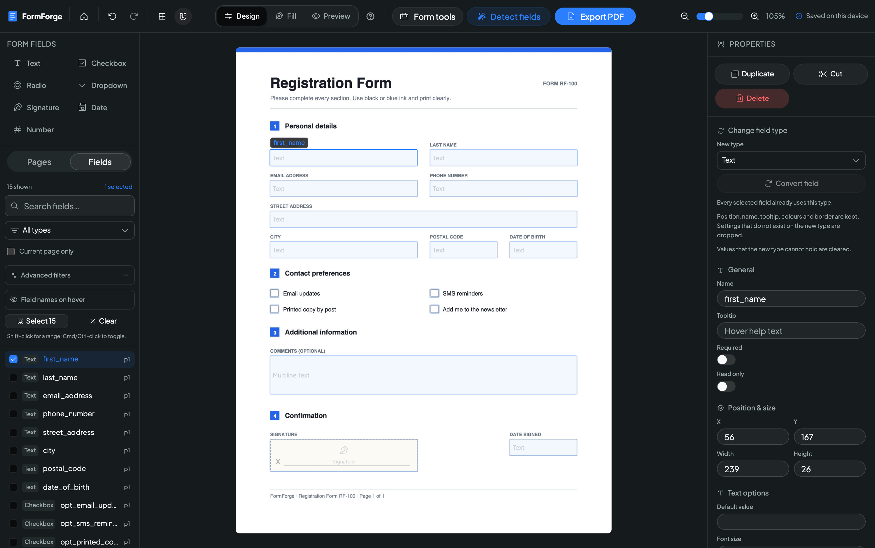 The FormForge PDF form editor showing a registration form with 15 automatically detected fields, the field list on the left and the properties panel on the right