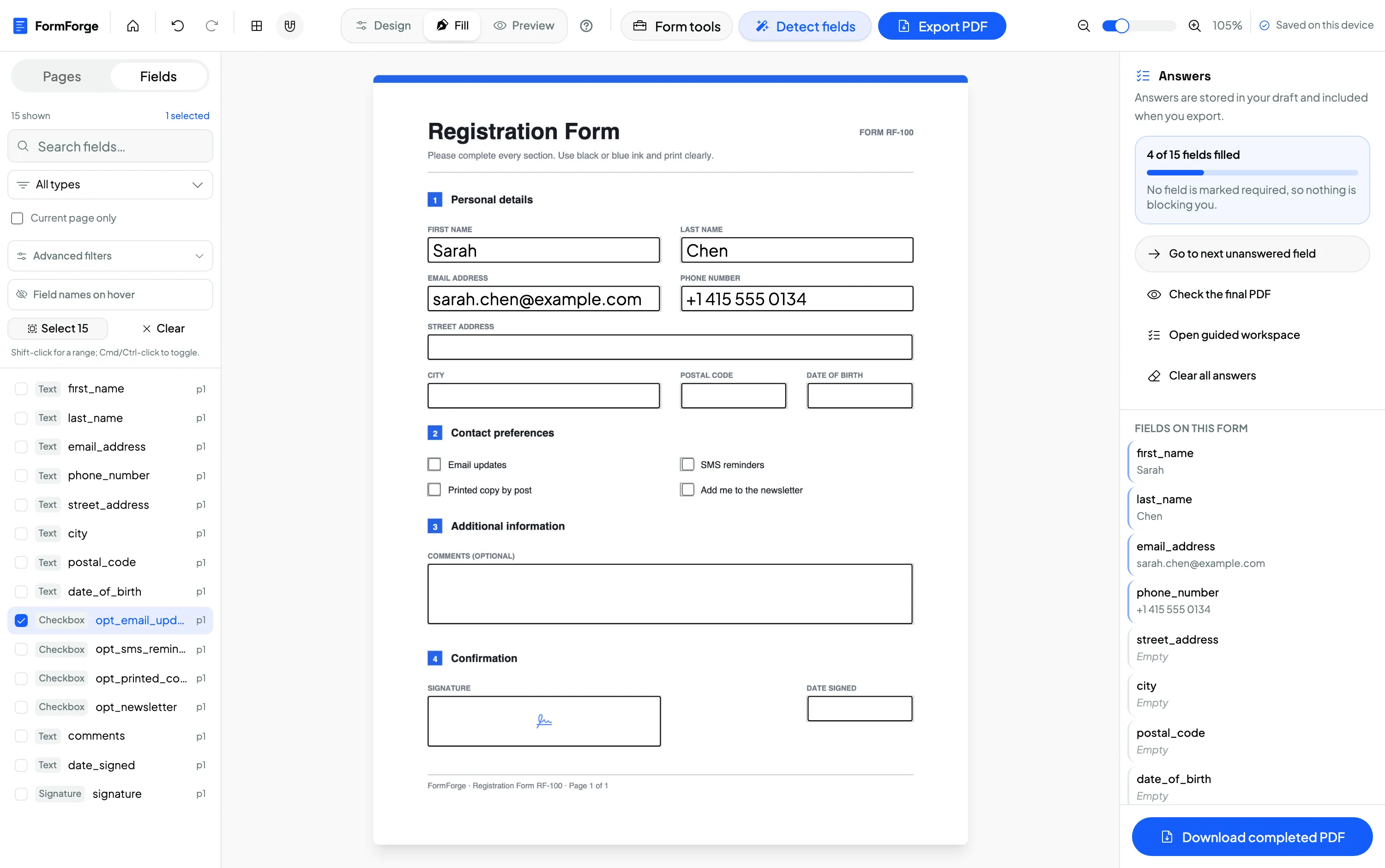 A fillable AcroForm PDF being previewed in the browser in FormForge