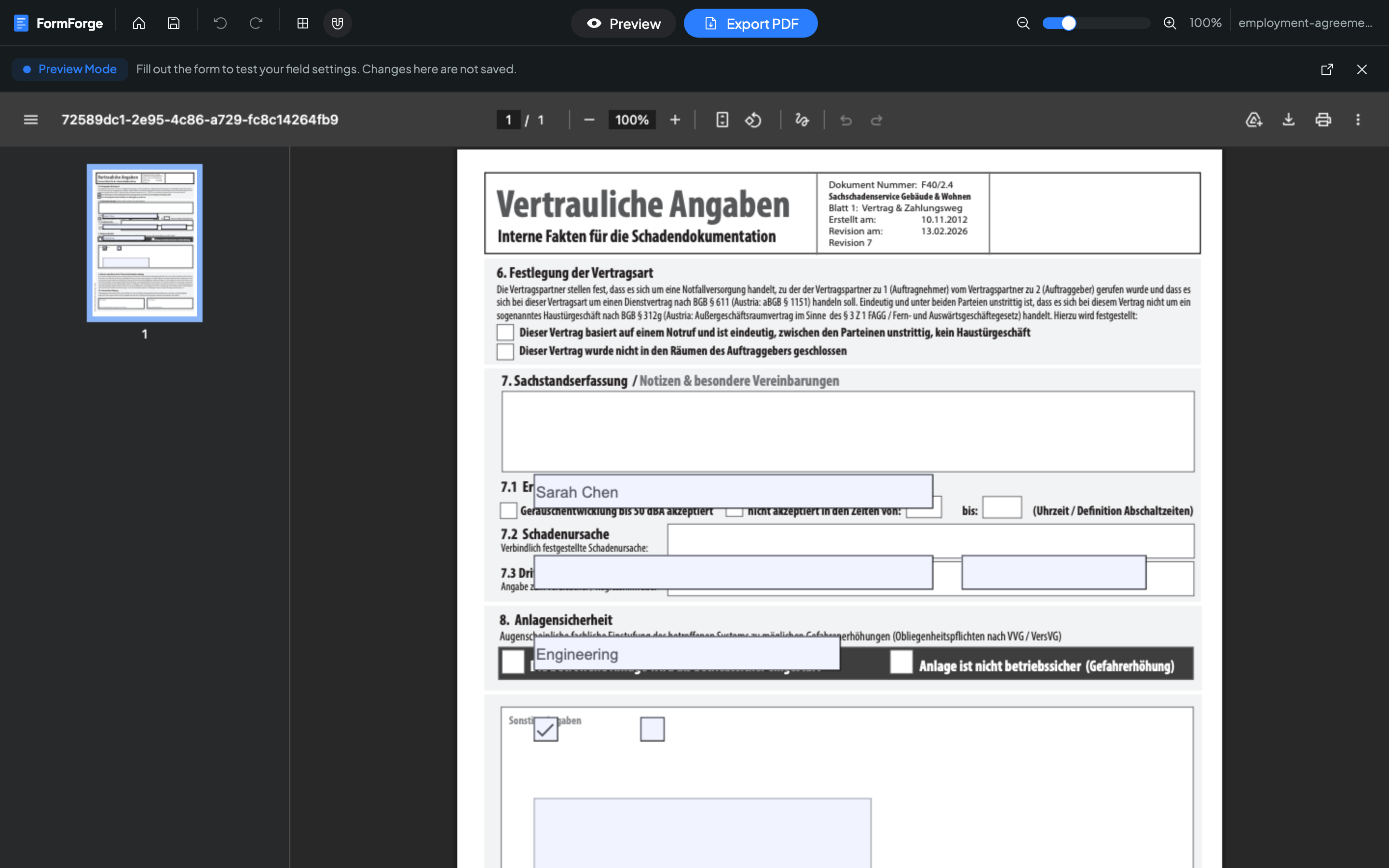 Live-Vorschau eines ausfüllbaren PDF-Formulars, das im Browser ausgefüllt wird, bevor es exportiert wird