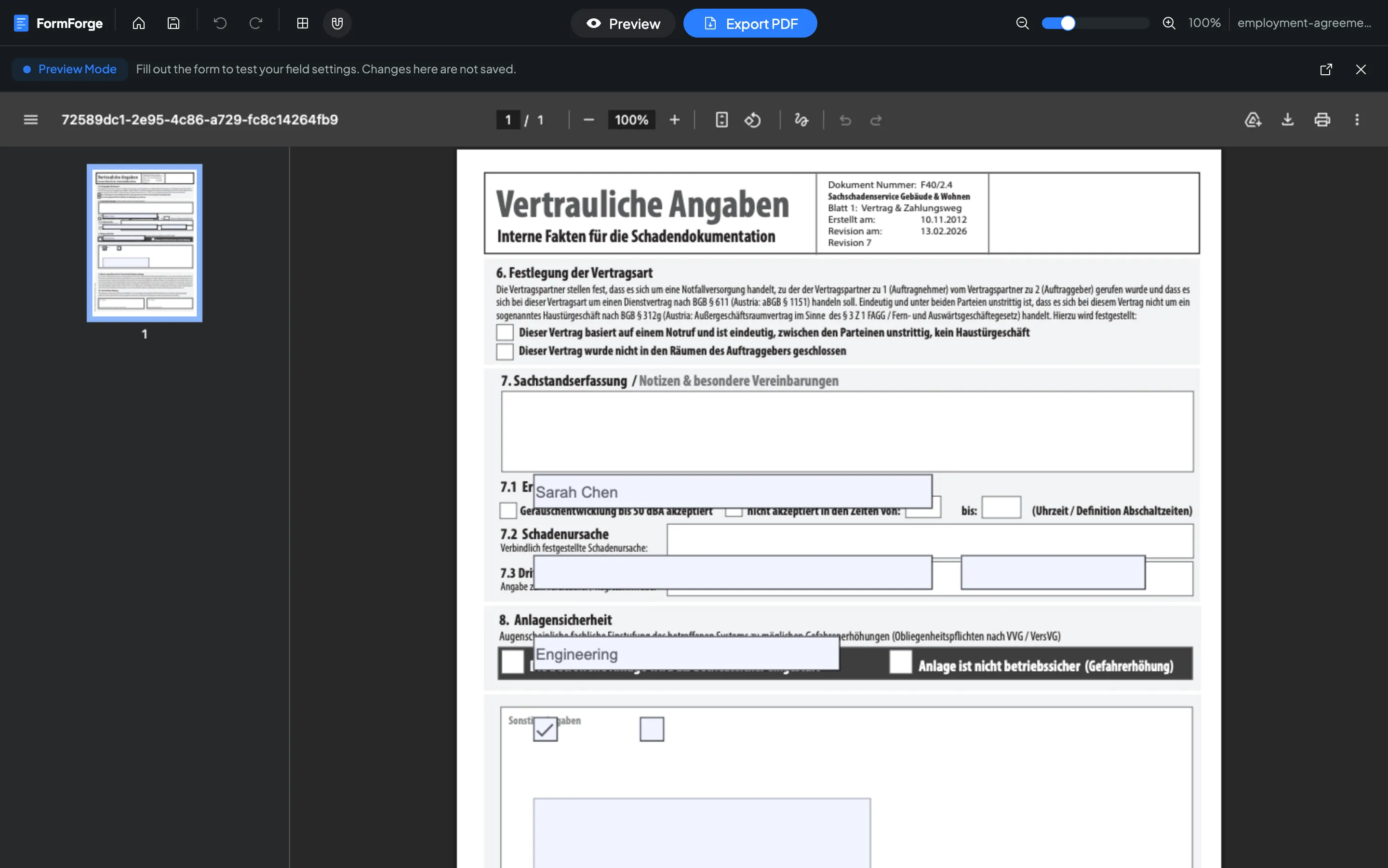 A fillable AcroForm PDF being previewed in the browser in FormForge