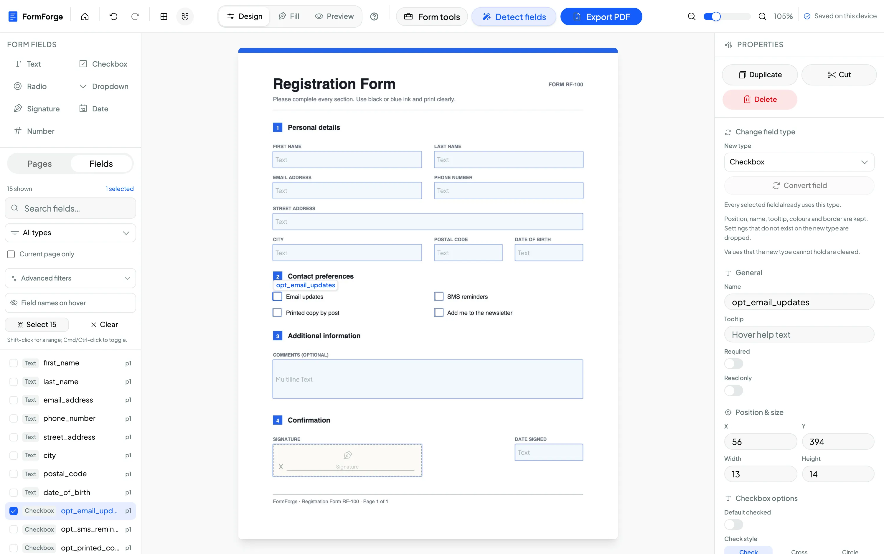 The FormForge properties panel configuring a signature field placed on a PDF