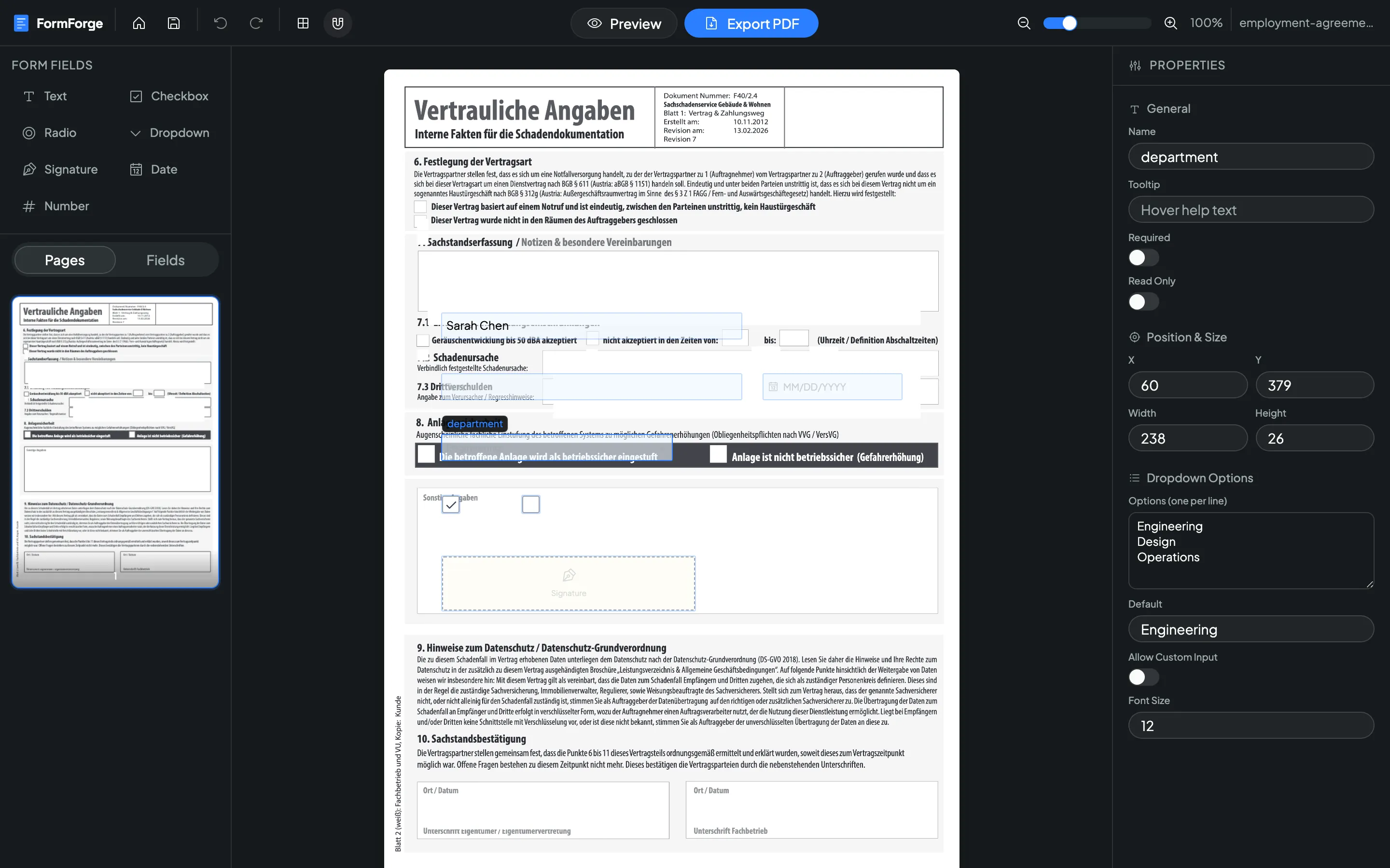 The FormForge properties panel configuring a signature field placed on a PDF