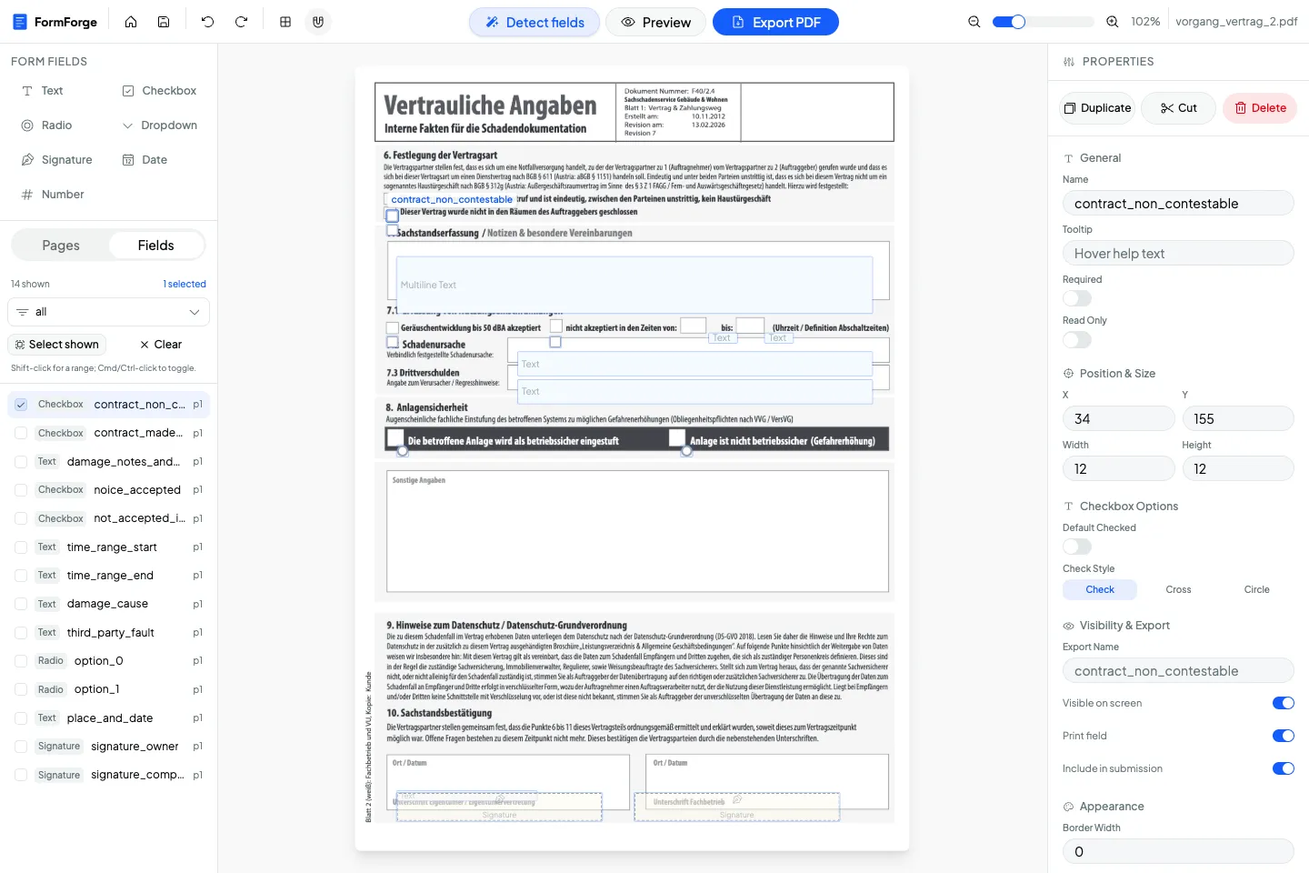 The FormForge field list panel with a type filter, live shown and selected counters, and Duplicate, Cut and Delete actions in the properties panel