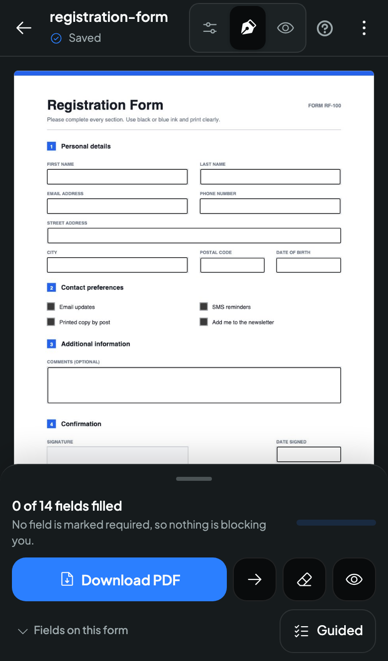 The FormForge editor on a phone in dark mode, showing the draggable bottom sheet