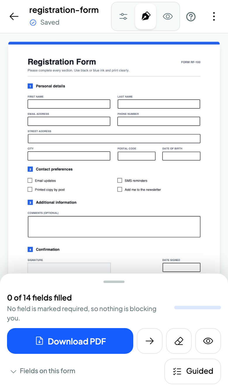 The FormForge editor on a phone, showing the draggable bottom sheet with fill progress