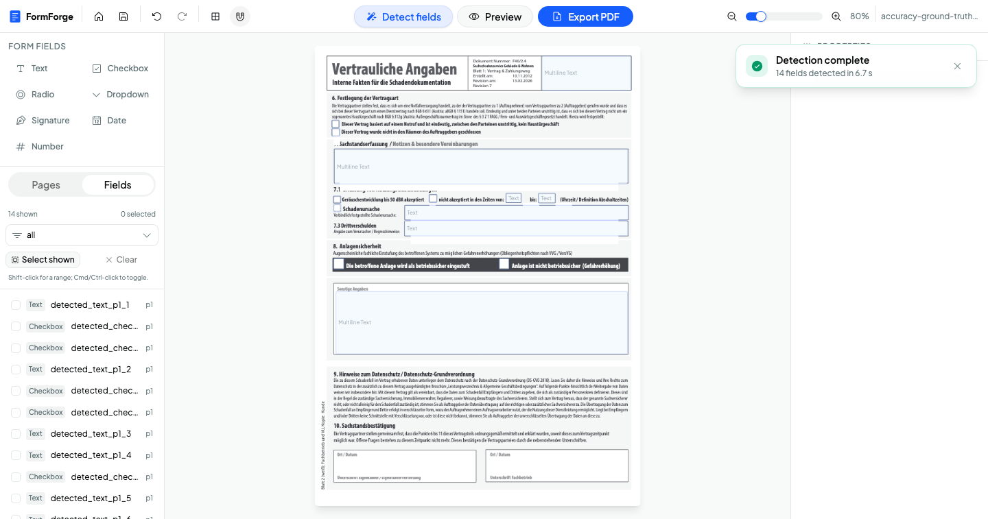 The FormForge editor showing a completed field detection run, with a Detection complete notification and a list of generated fields named detected_text_p1_1 and detected_checkbox_p1_1