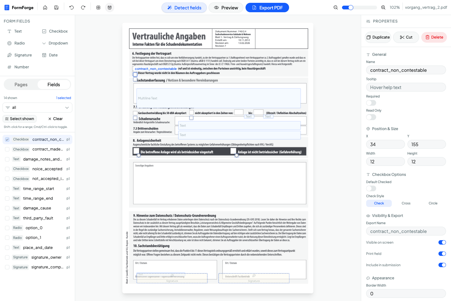The FormForge properties panel showing a detected field renamed to contract_non_contestable, with the field list on the left showing descriptive names for text, checkbox and signature fields