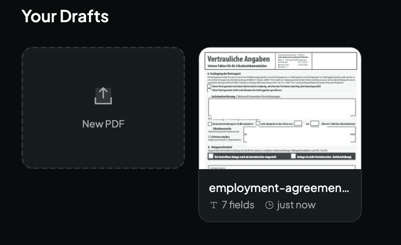 La pantalla de inicio de FormForge con una casilla para subir un nuevo PDF y un borrador guardado, todo almacenado localmente en el navegador