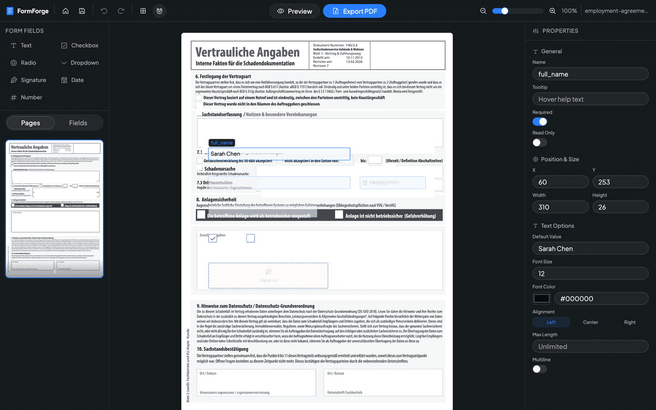 Colocación de campos de formulario rellenables sobre un PDF en el editor de FormForge, con la barra de herramientas de campos y el panel de propiedades visibles