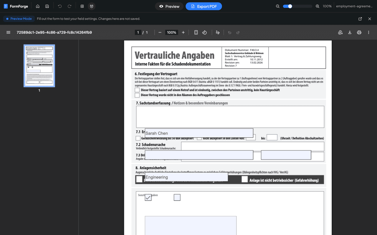 Modo de vista previa en FormForge, donde se rellena un formulario PDF rellenable en el navegador antes de exportar