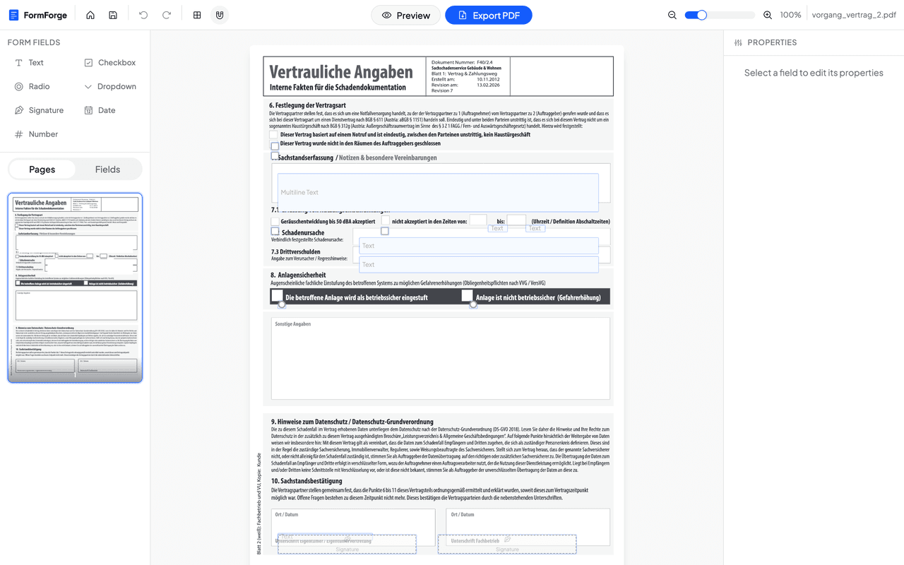 El formulario terminado en FormForge con todos los campos colocados y el botón Exportar PDF listo en la barra de herramientas